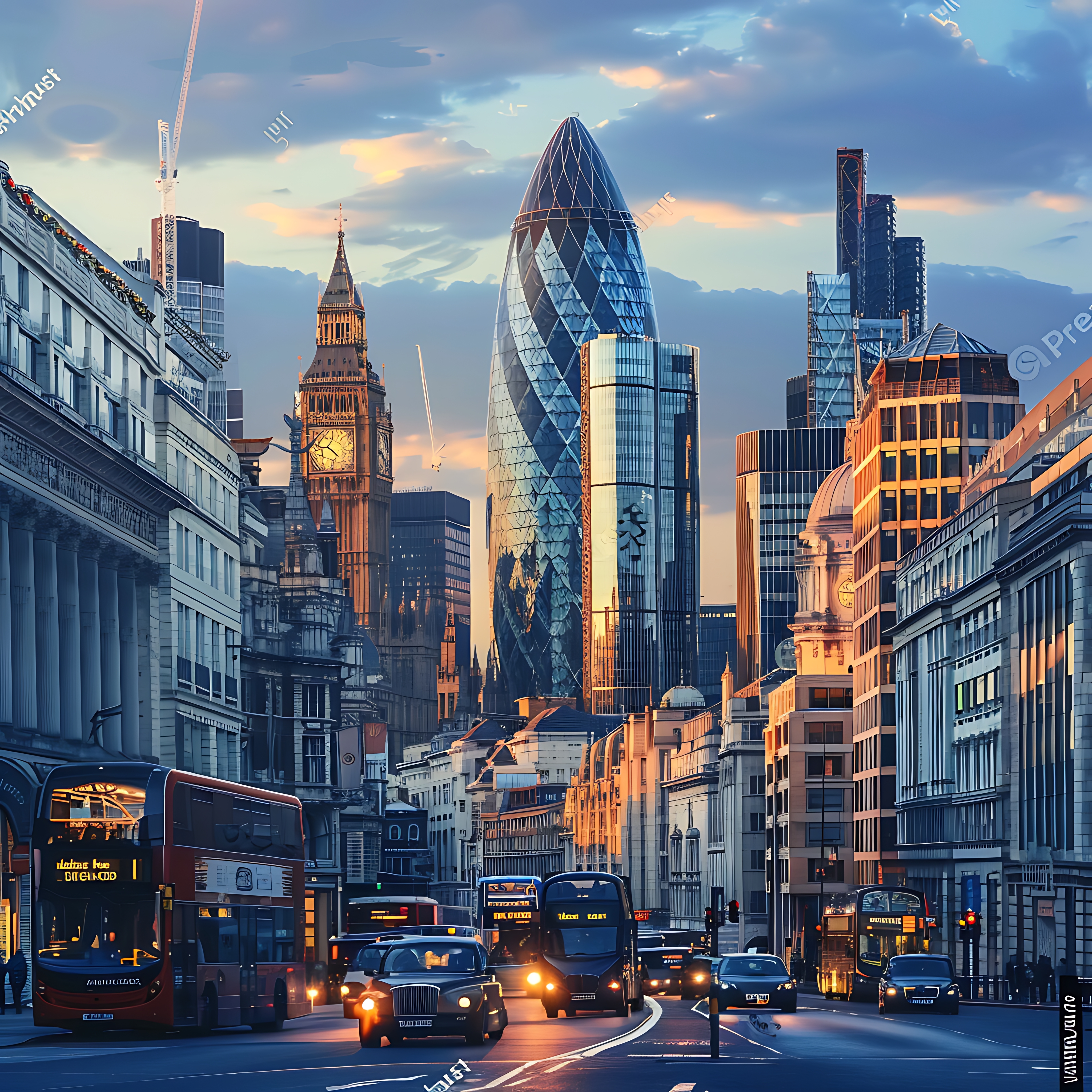 London street with Big Ben and the Gherkin