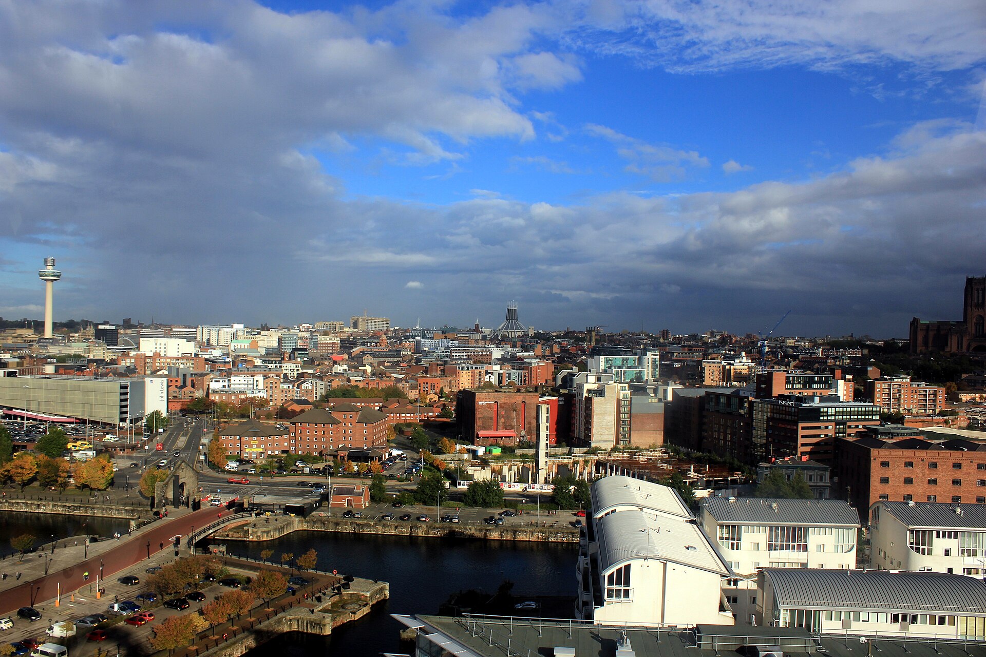Aerial view of Liverpool city centre and the docks